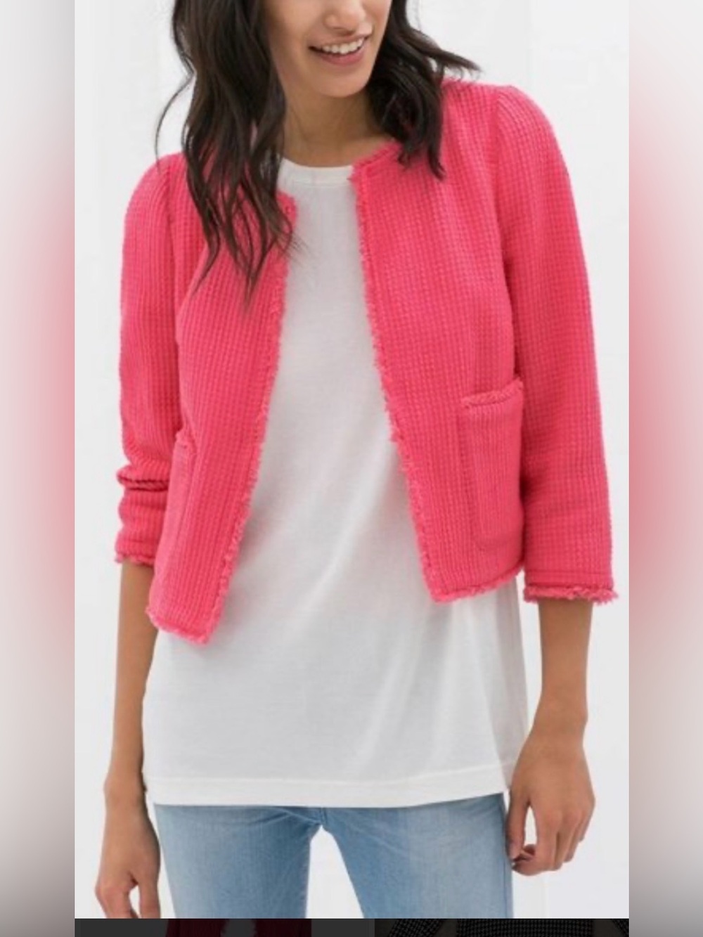 Zara Basic Cotton Tweed Jacket Frayed Fringe Pink Womens Sz Small